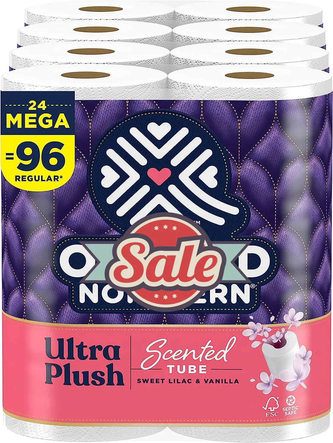 Ultra Plush Toilet Paper with Sweet Lilac & Vanilla Scented Tube, 24 Mega Rolls = 96 Regular Rolls