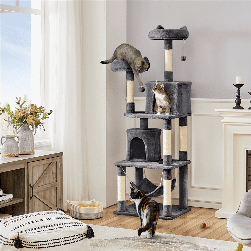 SMILE MART 70.5″H Multi Level Cat Tower Tree with 2 Condos and 2 Foam-Padded Perches for Medium/Large Cats， Light Gray