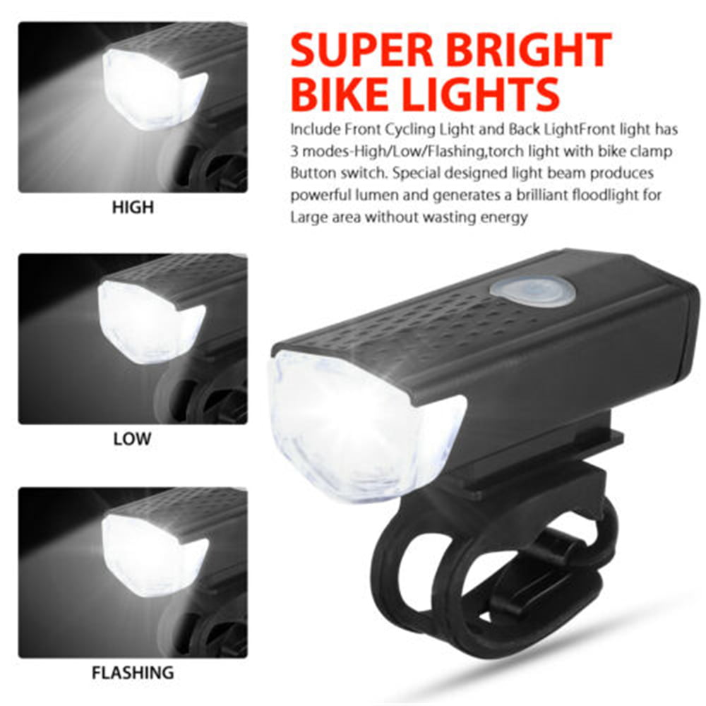 300 Lumen USB Rechargeable Bike Light， LED Bike Headlight and Taillight Set Super Bright Bicycle Light IPX5 Waterproof Powerful Safety Flashlight for Riding Hiking Camp Cycling Mountain Street Road-2pks