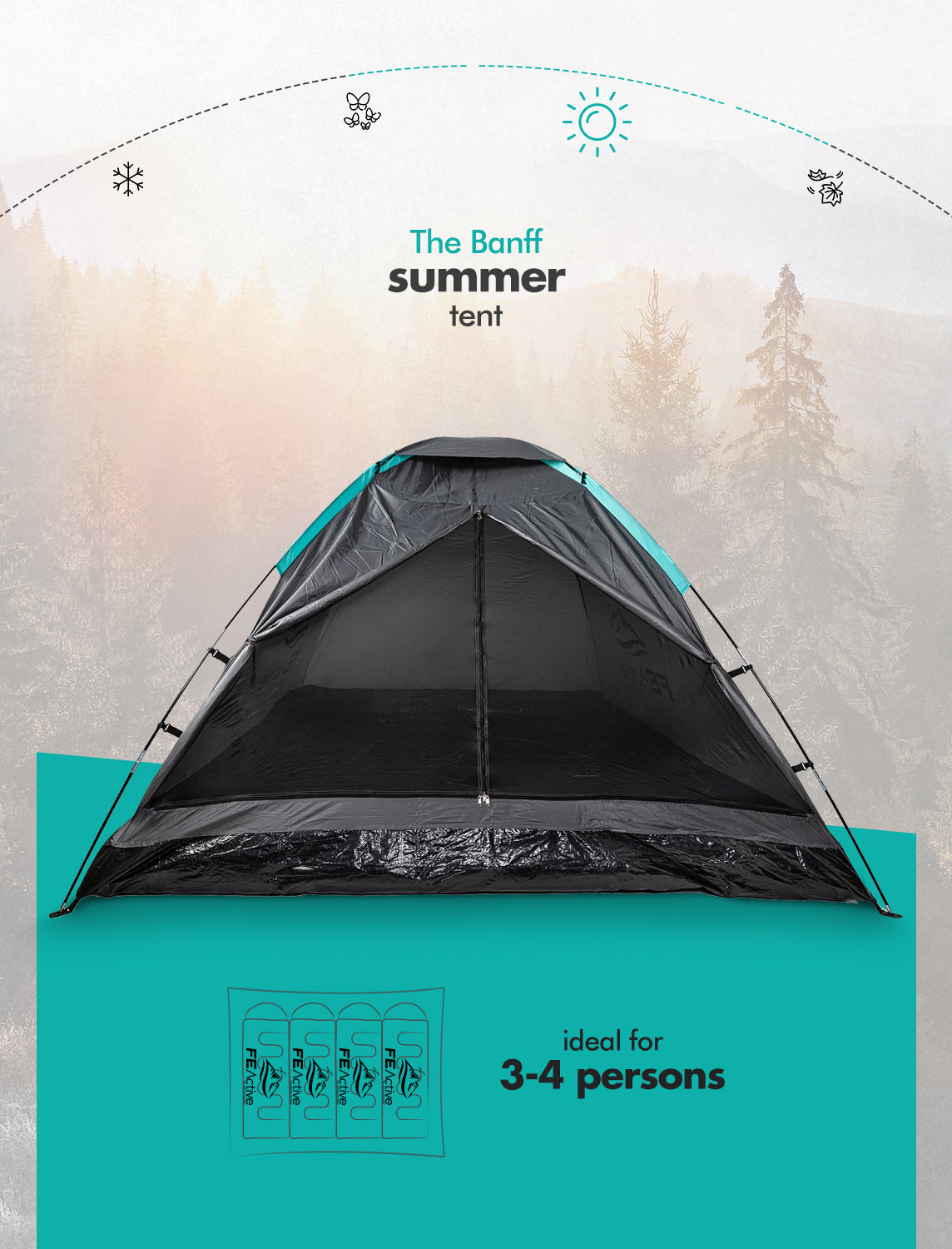 FE Active 3-4 Person Compact Tent with Screened Entrance and Easy Quick Setup Summer Tent with Rainfly for Outdoors， Camping， Backpacking， Hiking， Trekking | Designed in California， USA