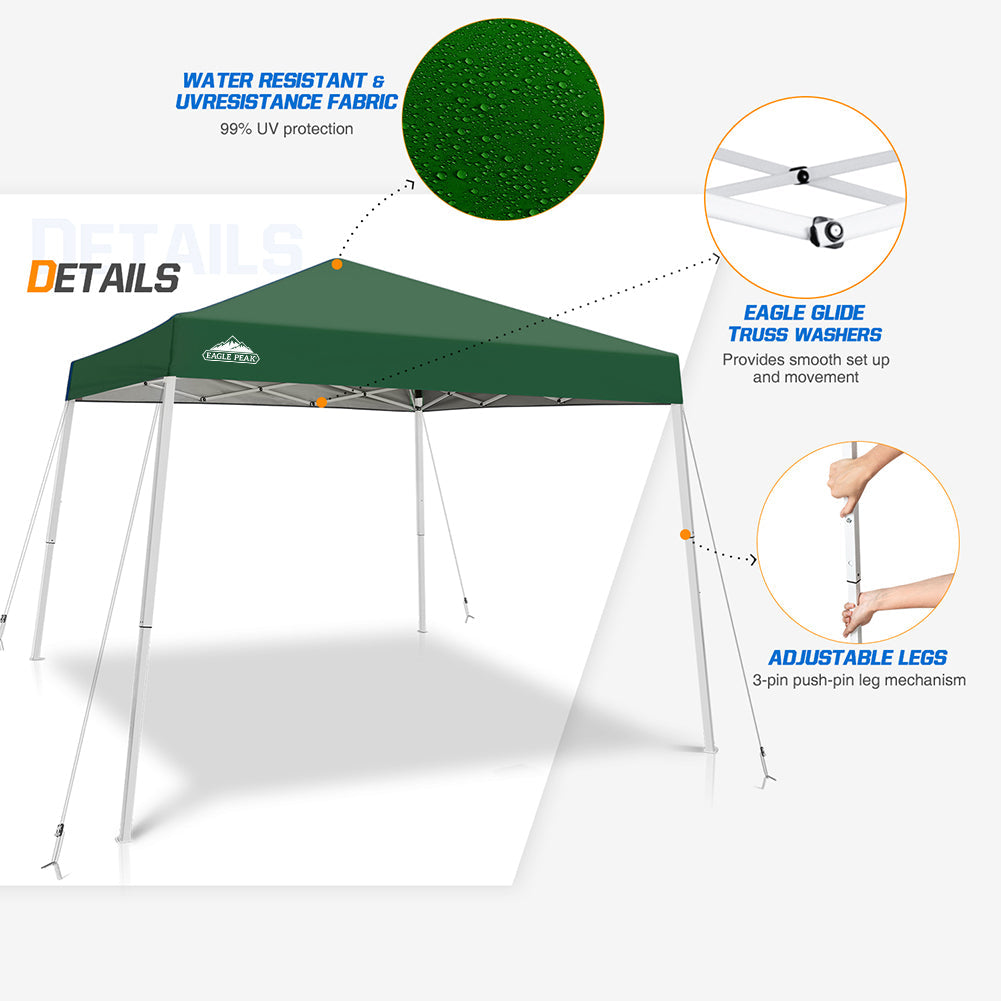 EAGLE PEAK 10' x 10' Slant Leg Pop-up Canopy Tent Easy One Person Setup Instant Outdoor Canopy Folding Shelter with 64 Square Feet of Shade (Green)