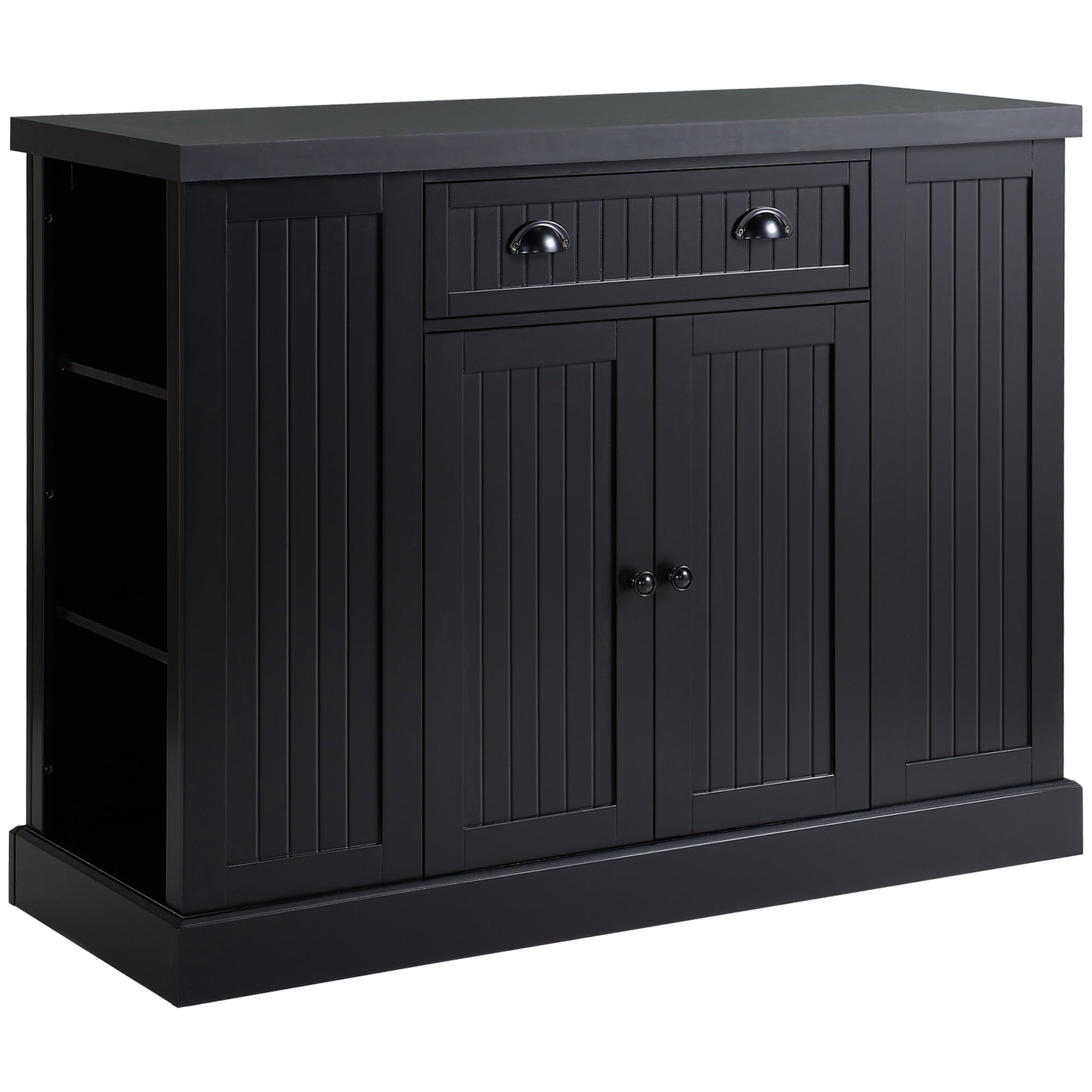 HomCom Fluted-Style Wooden Kitchen Island Storage Cabinet with Drawer， Open Shelving， and Interior Shelving for Dining Room， Black