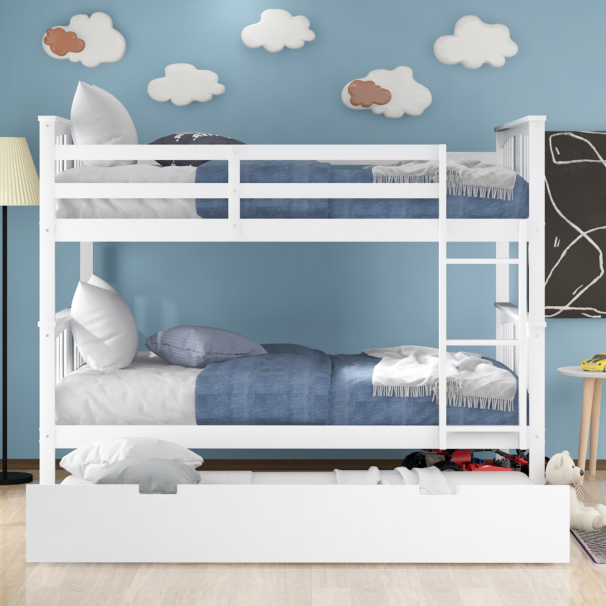 Full Over Full Bunk Bed with Twin Trundle Wood Bunk Bed Frame with Guard Rails and Ladder for Kids Boys Girls Teens Adults, Can be Convertible to 2 Beds,White