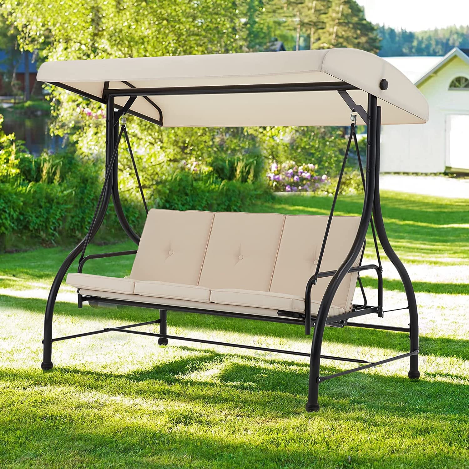 AECOJOY 3 Persons Outdoor Patio Swing Chair, Converting Swing Glider Hammock-Beige