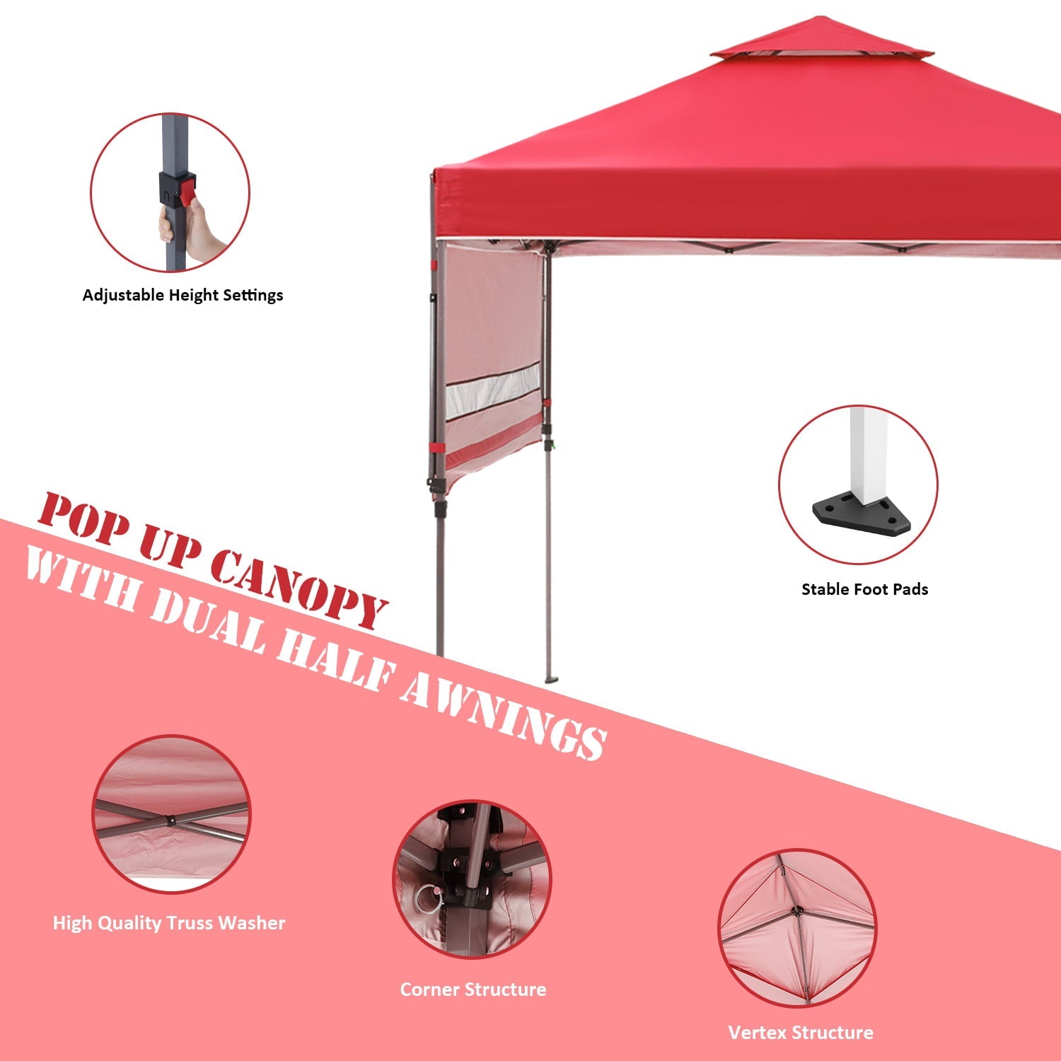 Outdoor Basic 10x17 Ft 2-Tier Pop Up Canopy Tent, Instant Canopy Shelter with Ventilation, Adjustable Dual Half Awnings and Wheeled Carrying Bag,Red