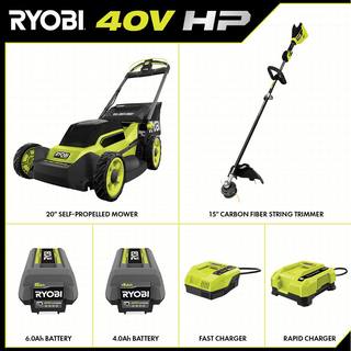 RYOBI 40V HP Brushless 20 in. Cordless Electric Battery Self-Propelled Lawn MowerString Trimmer w(2) Batteries and Chargers RY401180-4X