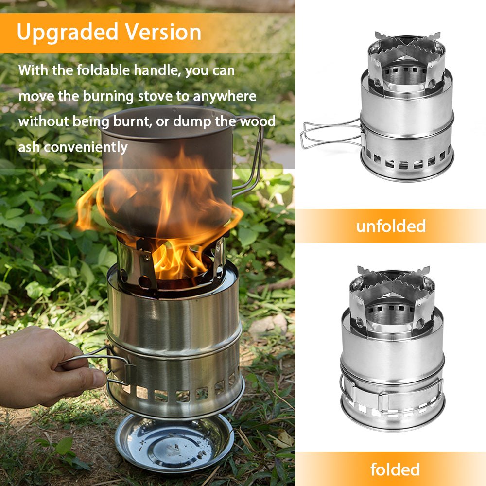 TOMSHOO Upgrade Camping & Backpacking with Wood Ash Plate & Foldable Handle , Portable Folding Windproof Wood Burning Compact Stainless Steel Outdoor Camping Hiking Picnic BBQ