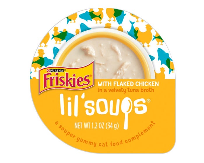 Purina Friskies Natural， Grain Free Wet Cat Food Complement， Lil Soups Flaked Chicken - 1.2 oz. Tub