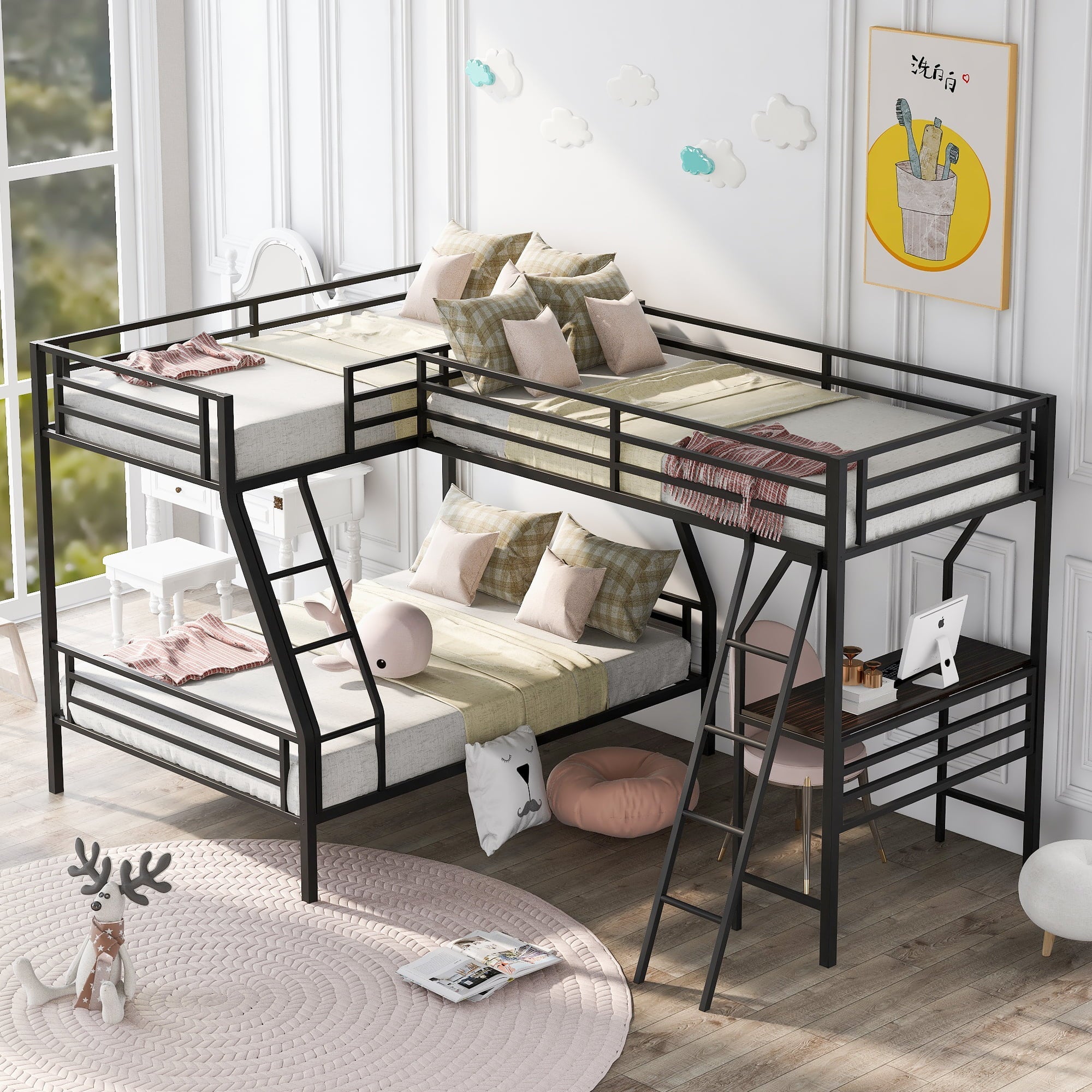 Euroco Twin L-Shaped Metal Bunk Bed with Built-in Study Desk for Kids' Bedroom, Black