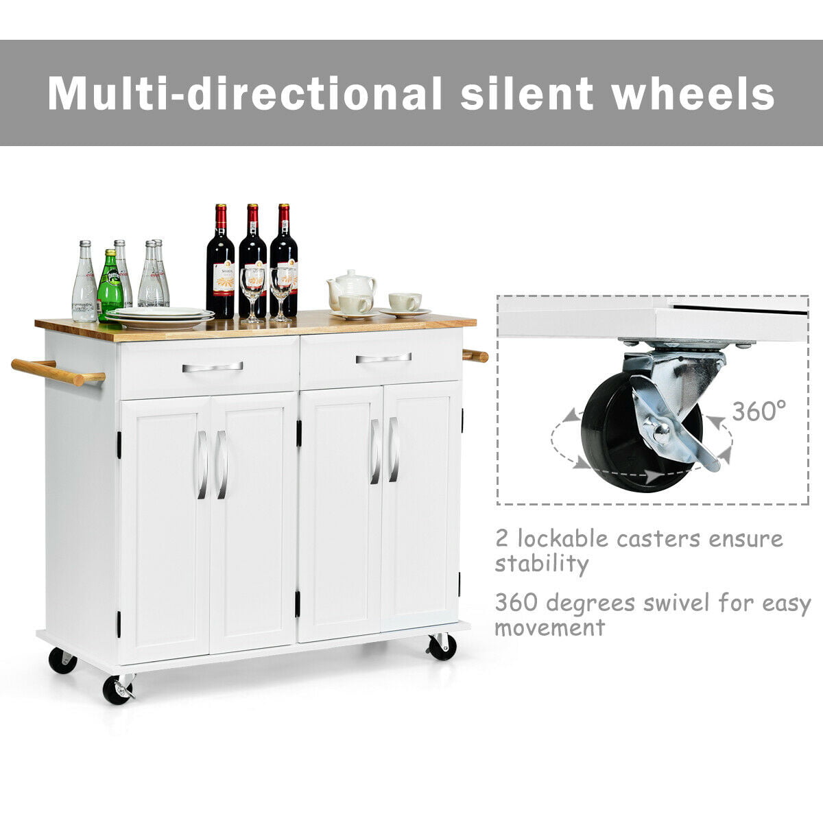 Costway Kitchen Trolley Island Utility Cart Wood Top Rolling Storage Cabinet Drawers White