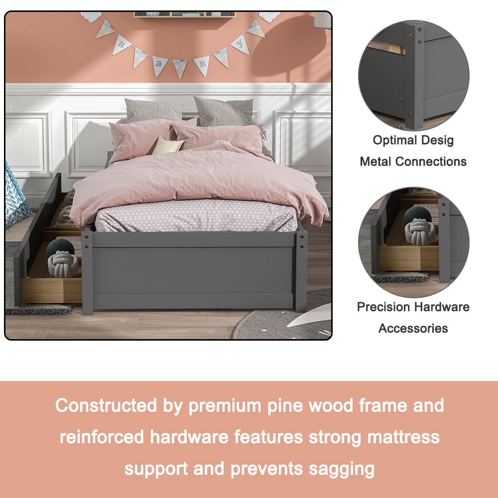 Platform Bed Frame with Storage Drawers, Kids Twin Size Bed Frame No Box Spring Needed, Solid Wood Platform Beds with Two Drawers, Modern Single Bed Bedroom Furniture, Gray, J1174