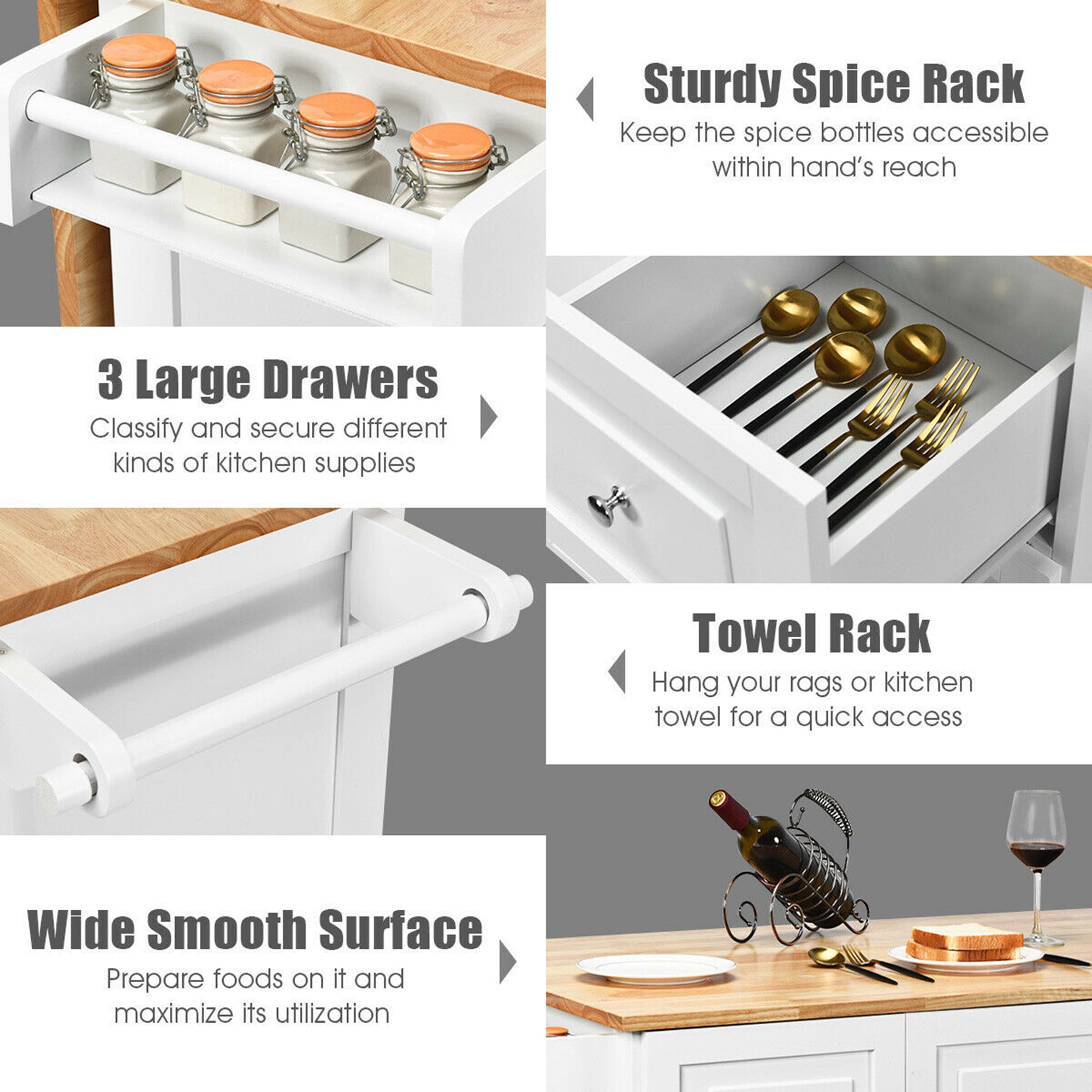Gymax Drop-Leaf Kitchen Island Trolley Cart Wood Storage Cabinet w/ Spice Rack White