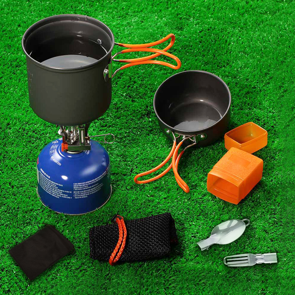 Maboto Outdoor Camping Hiking Cookware with Mini Camping Piezoelectric Ignition Backpacking Cooking Picnic Pot Set Cook Set With Fork and Spoon