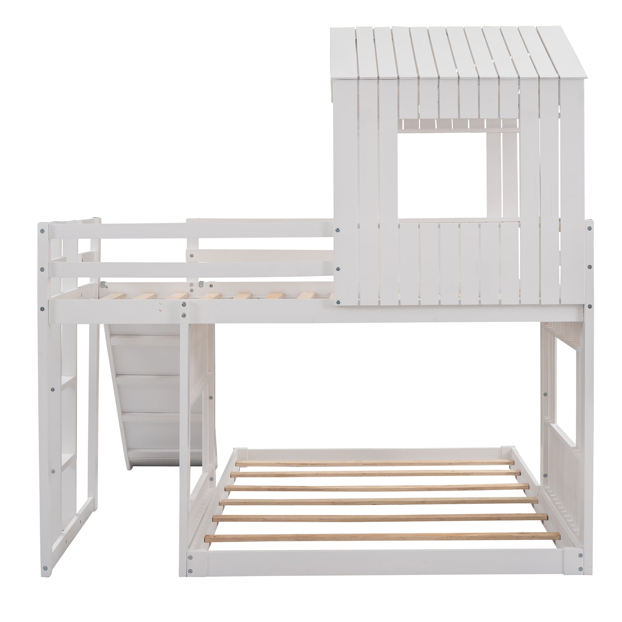 Churanty Twin Over Full Bunk Bed With Slide Wooden House Bunk Bed Playhouse Beds For Kids White