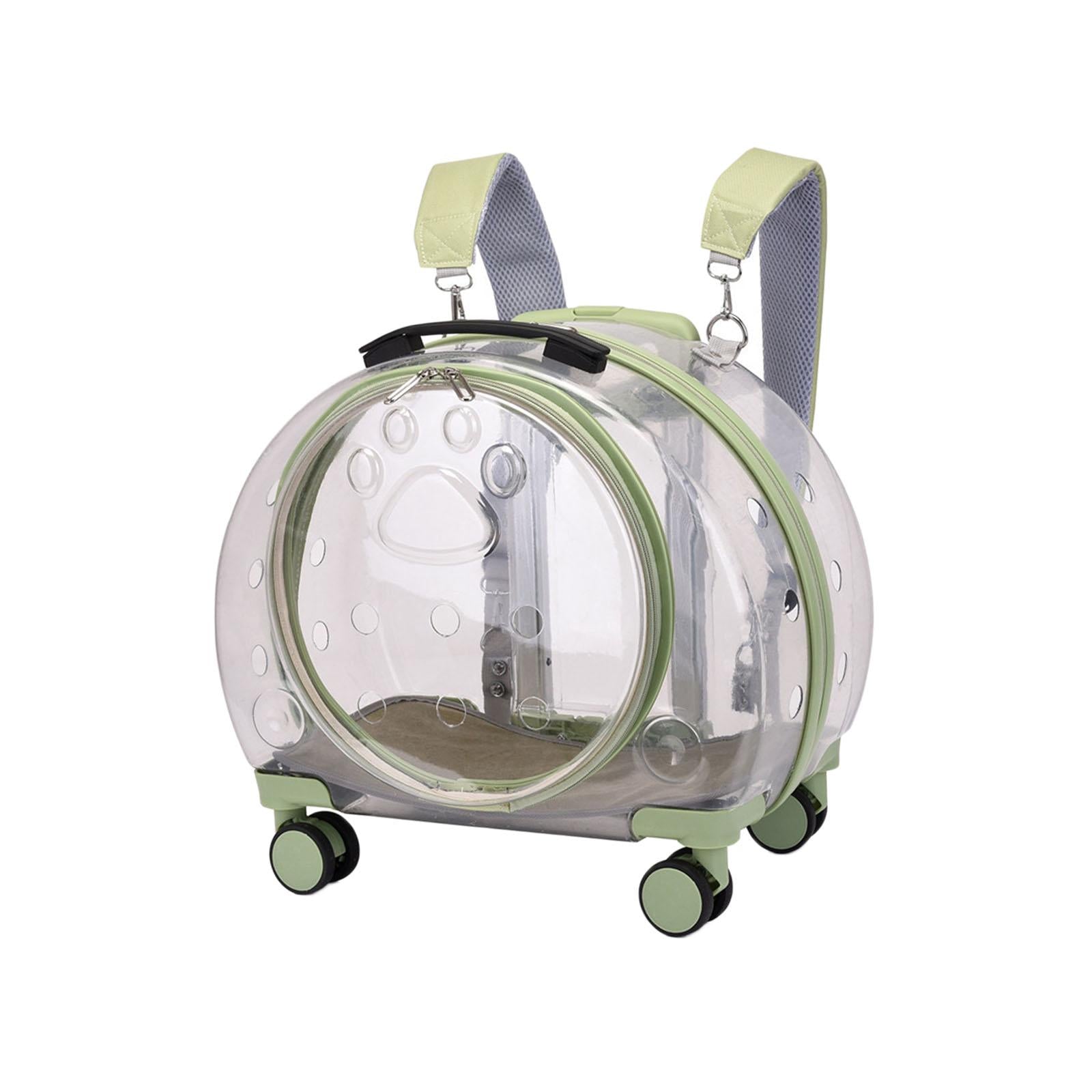 Kitten Bag, Backpack Telescopic Pull Rod Lightweight with Wheels Luggage Handbag Pet Trolley Case for Small Dogs Outgoing Cats Fishing Kitten Fully Clear and Green