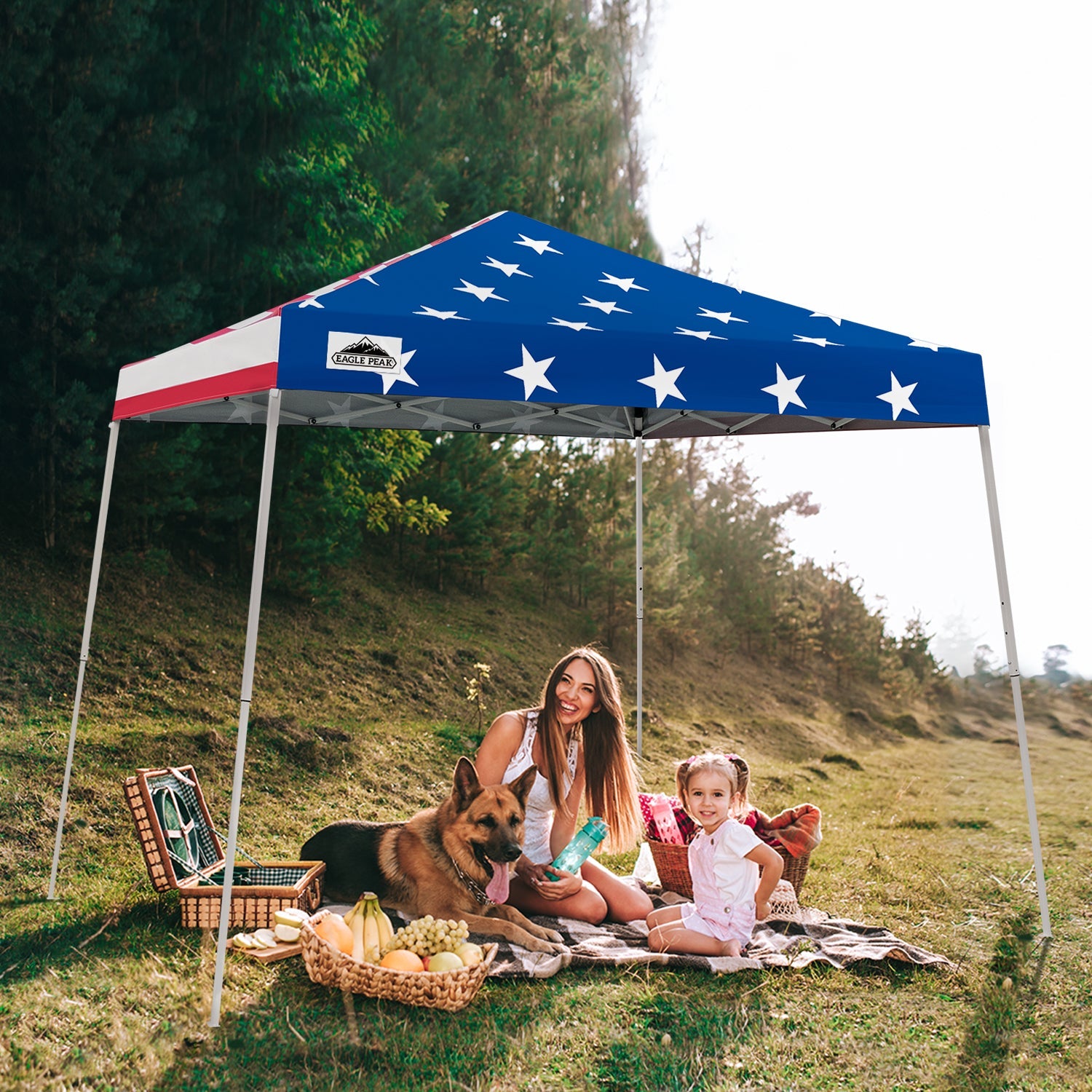 EAGLE PEAK 10' x 10' Slant Leg Pop-up Canopy Tent Easy One Person Setup Instant Outdoor Canopy Folding Shelter with 64 Square Feet of Shade (American Flag)