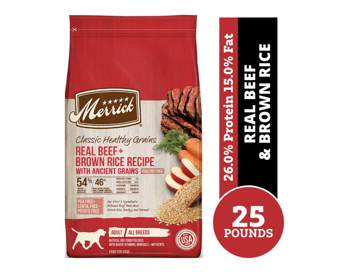 Merrick Classic Healthy Grains Real Beef + Brown Rice Recipe with Ancient Grains Adult Dry Dog Food， 25 lb. Bag