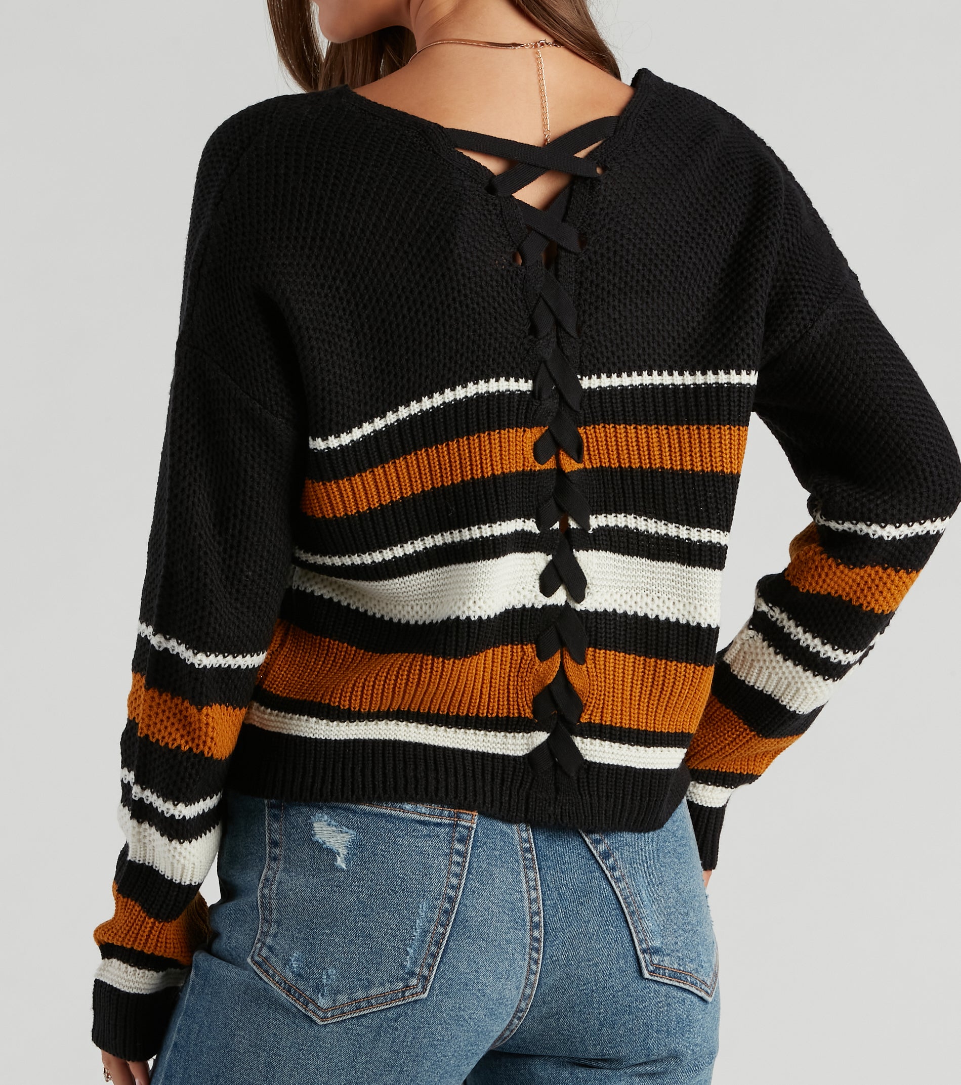 Sassy Striped Lattice Back Knit Sweater