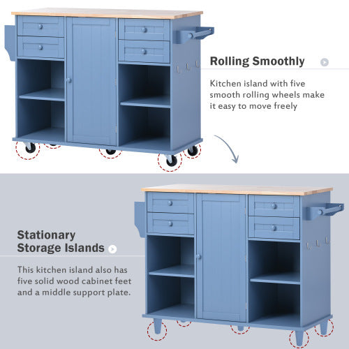 Kitchen Island， Trolley Cart Utility Cabinet on Wheels with Storage， Spice Rack with Drawers and Storage Cabinets， Kitchen Island with Rubber Wooden Countertop， Towel Racks， Adjustable Shelves，Blue