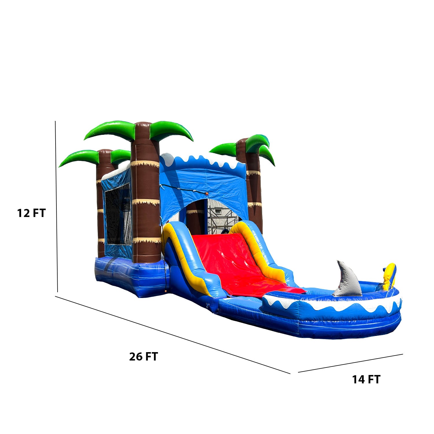 HeroKiddo Ocean Shark Inflatable Bounce House Water Slide Combo for Kids and Adults (with Splash Pool and Blower)， Commercial Grade， Backyard Water Park， Wet Dry Use