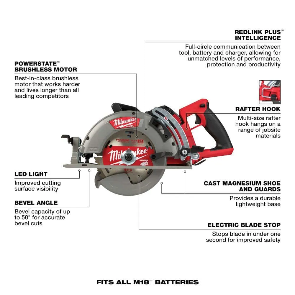 Milwaukee M18 FUEL 18V 7-1/4 in. Lithium-Ion Cordless Rear Handle Circular Saw Kit with 12.0 Ah Battery and Rapid Charger 2830-21HD