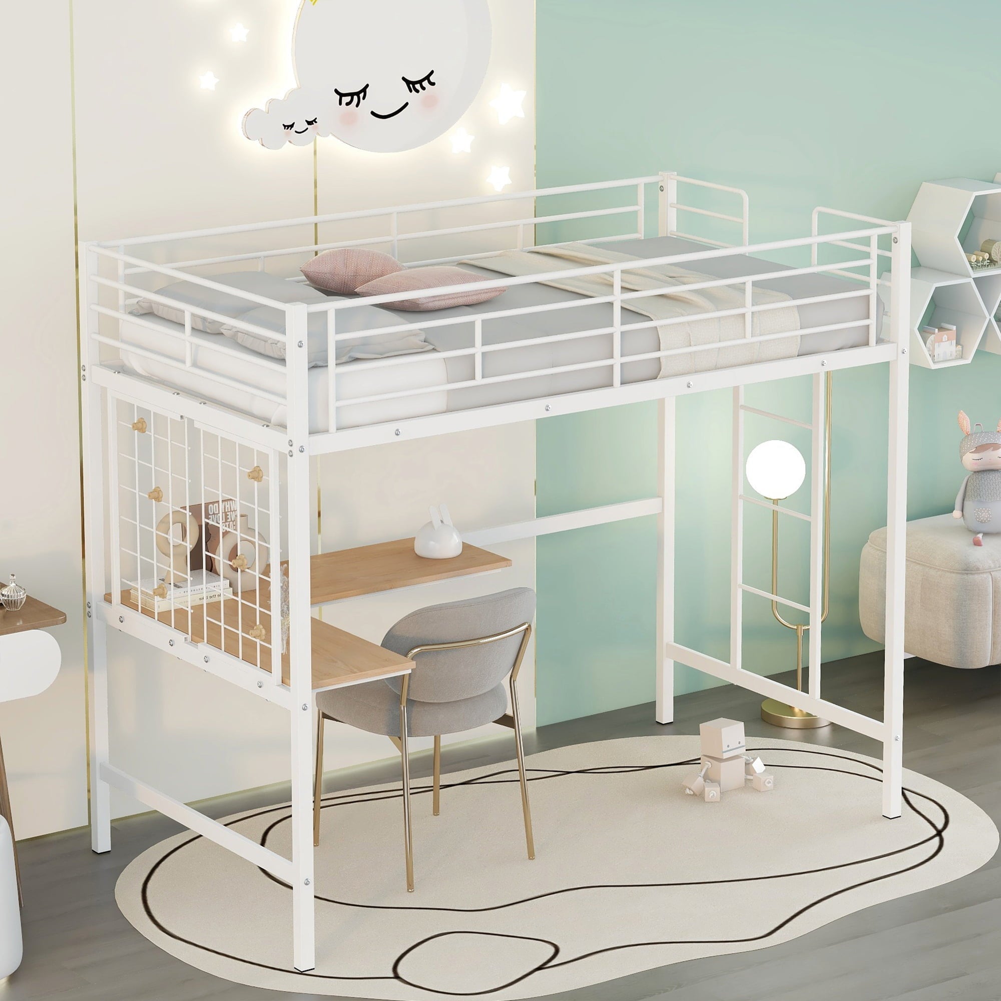 SYNGAR Twin Loft Bed Frame, Twin Loft Bunk Bed Frame with Ladder for Boys Girls Teens Adults, No Box Spring Needed, White