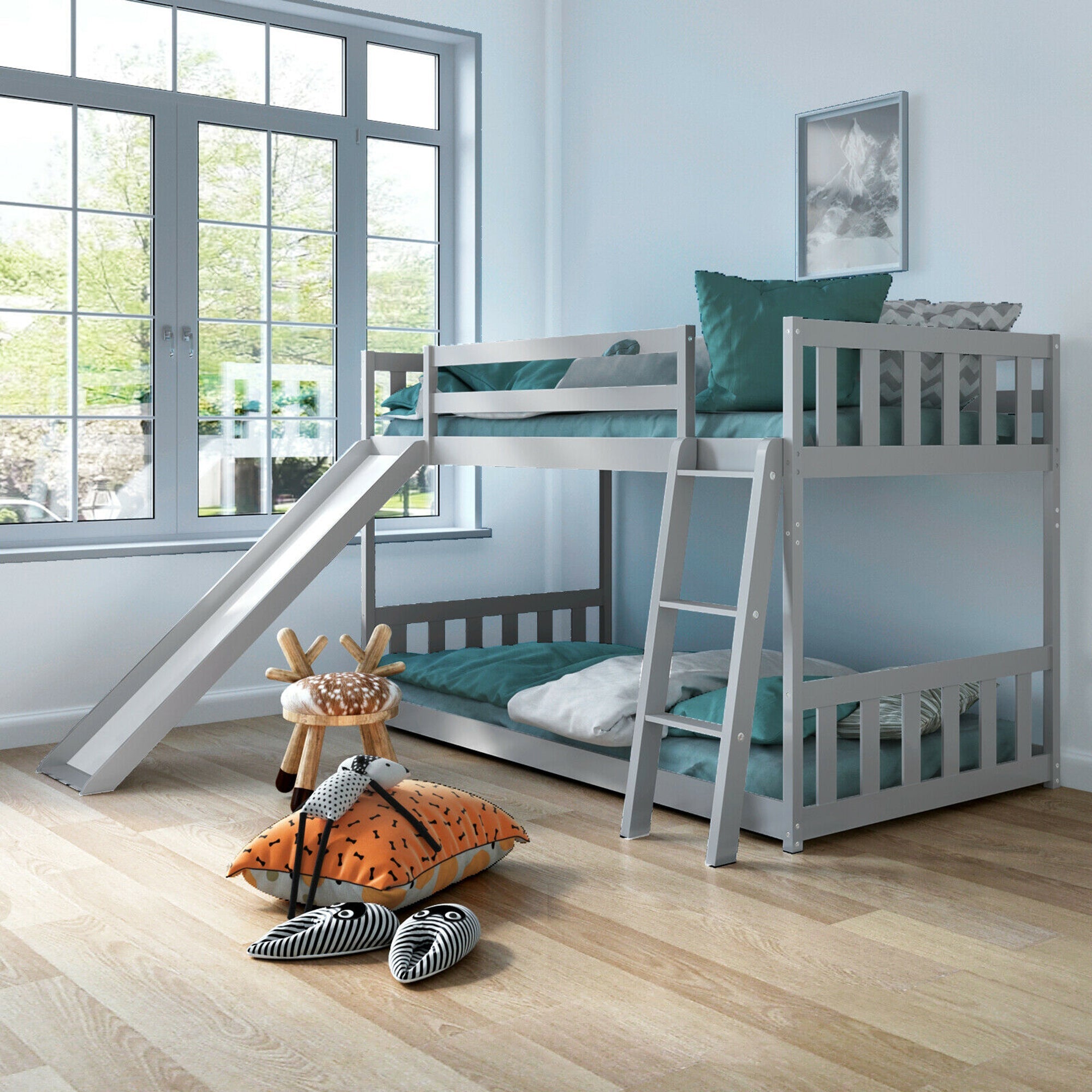 Gymax Twin over Twin Bunk Wooden Low Bed with Slide Ladder for Kids Grey