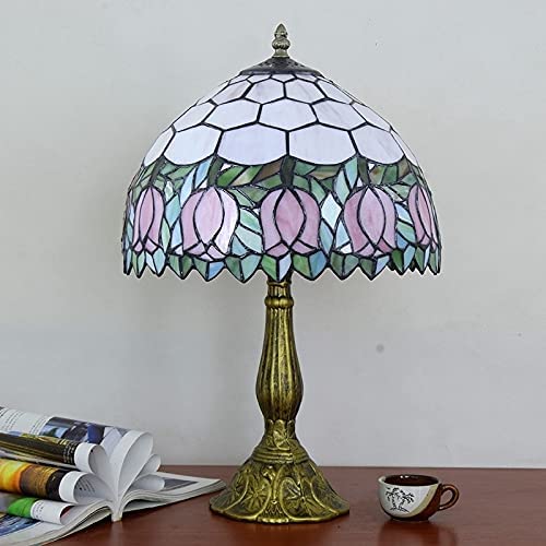 SHADY  Lamp Stained Glass Lamp Pink Tulip Bedroom Table lamp Reading Desk Light for Bedside Living Room Office Dormitory Dining Room Decorate Housewarming  12X12X18 Include Light B