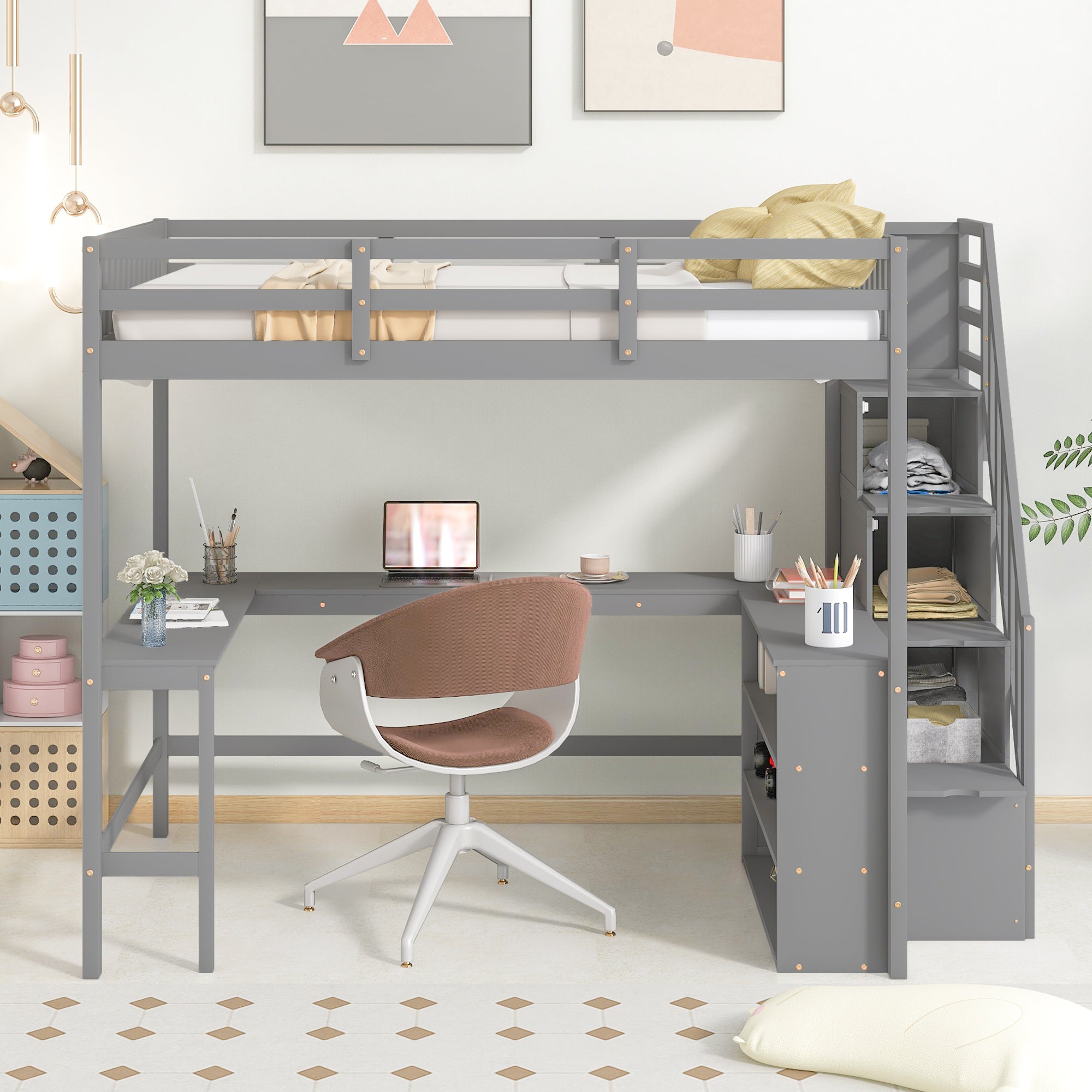 Wood Full Loft Bed with Desk, Shelf and Storage Staircase for Kids, Gray