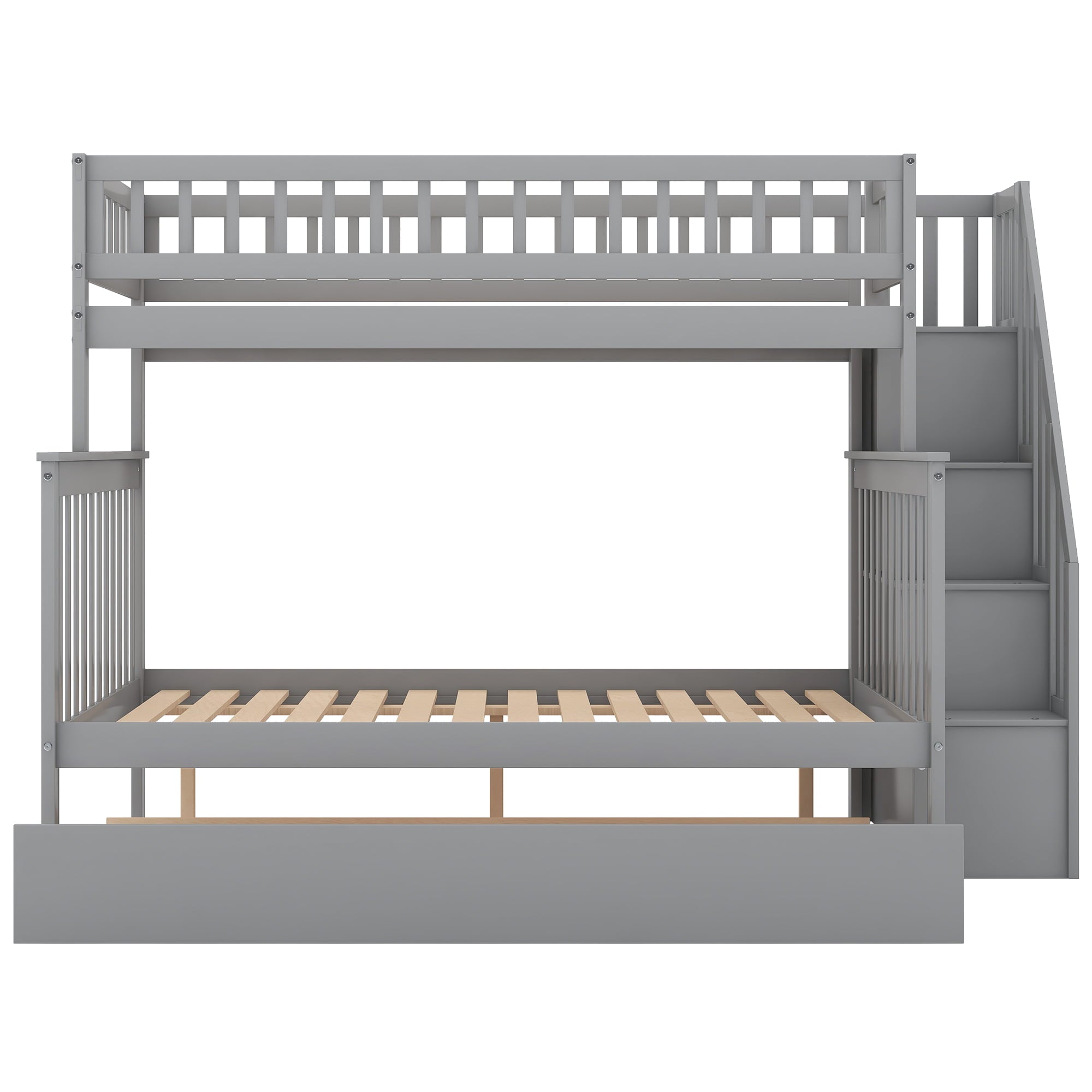 Euroco Twin Over Full Bunk Bed with Trundle and Stairs for Kids, Gray