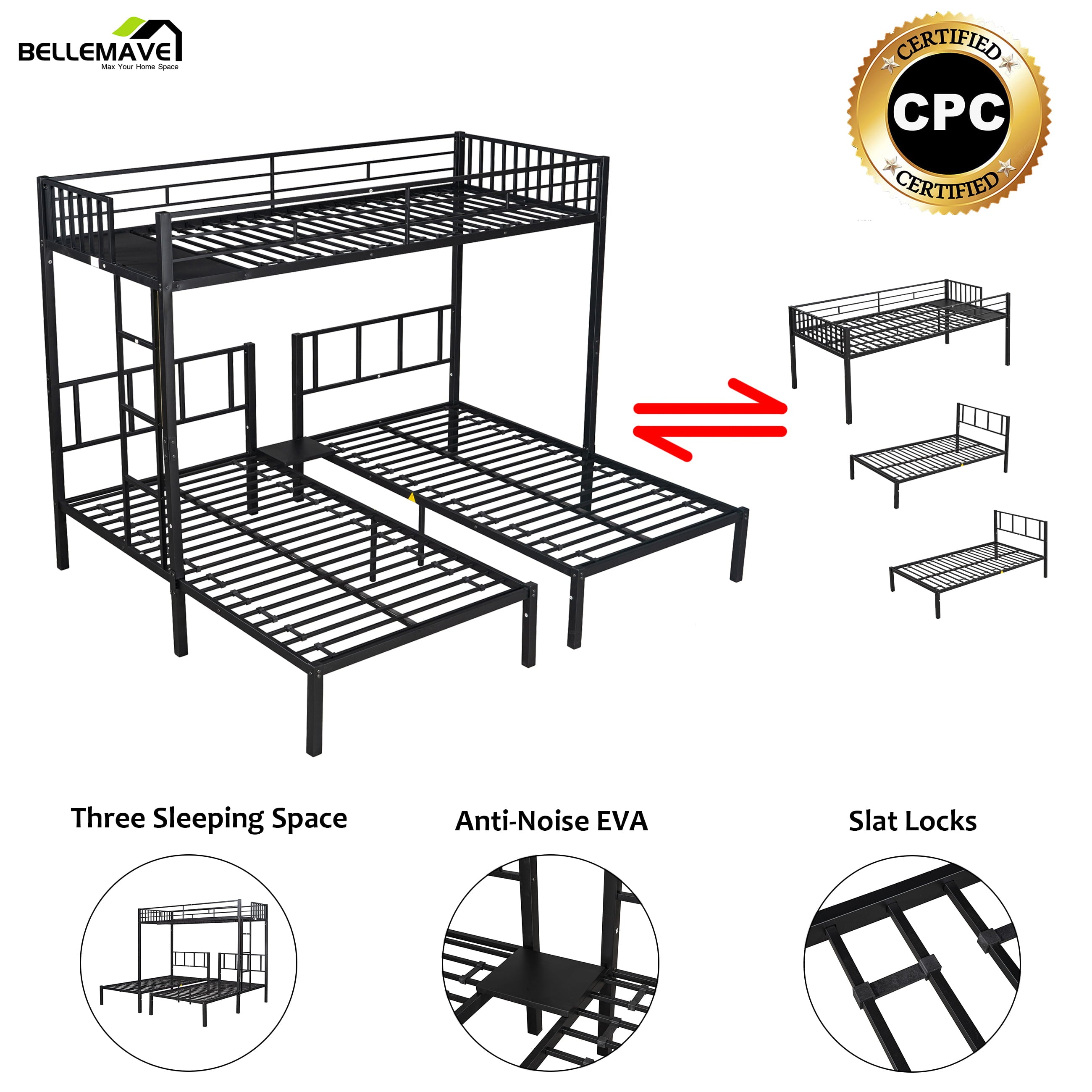 Bellemave Metal Triple Bunk Bed with Ladder, Twin over Twin over Twin Bunk Bed for Kids, Boys & Girls in Bedroom, Convert into 3 Twin Bed, Black