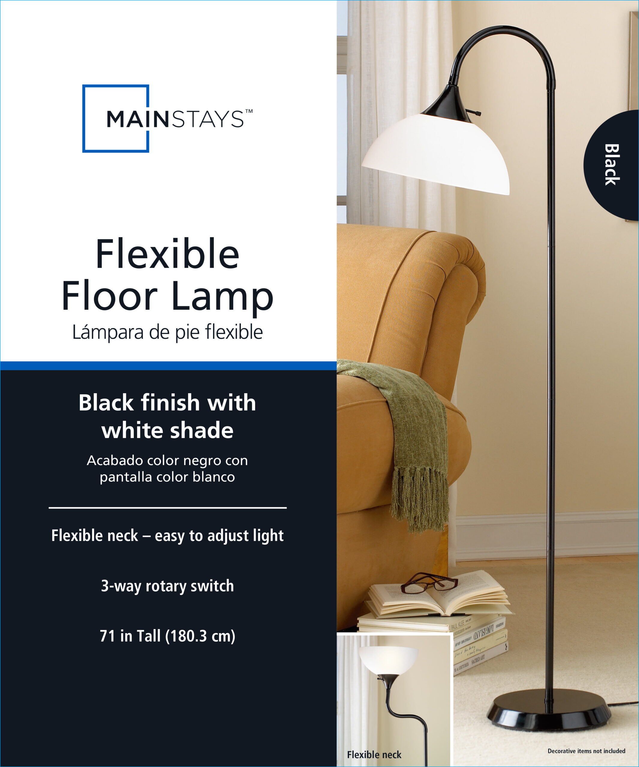 Mainstays 71'' Jelly Gooseneck Floor Lamp， Black