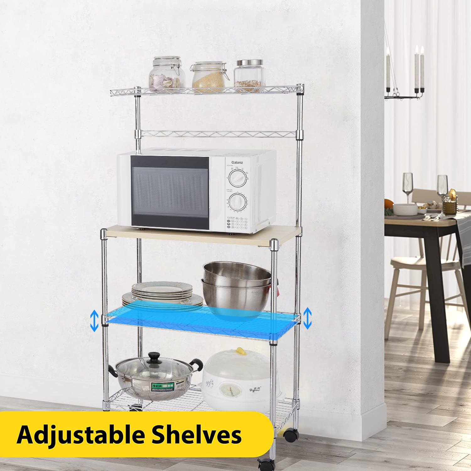 uhomepro Corner Bakers Rack， 4 Tier Kitchen Storage Microwave Rack， Microwave Cart with Cutting Board， Bakers Racks for Microwave， Silver Metal Storage Shelves