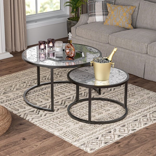 Round Coffee Table Set of 2 Set of 2 Nesting Tables， Metal Frame and Glass Top End Tables for Living Room Bedroom