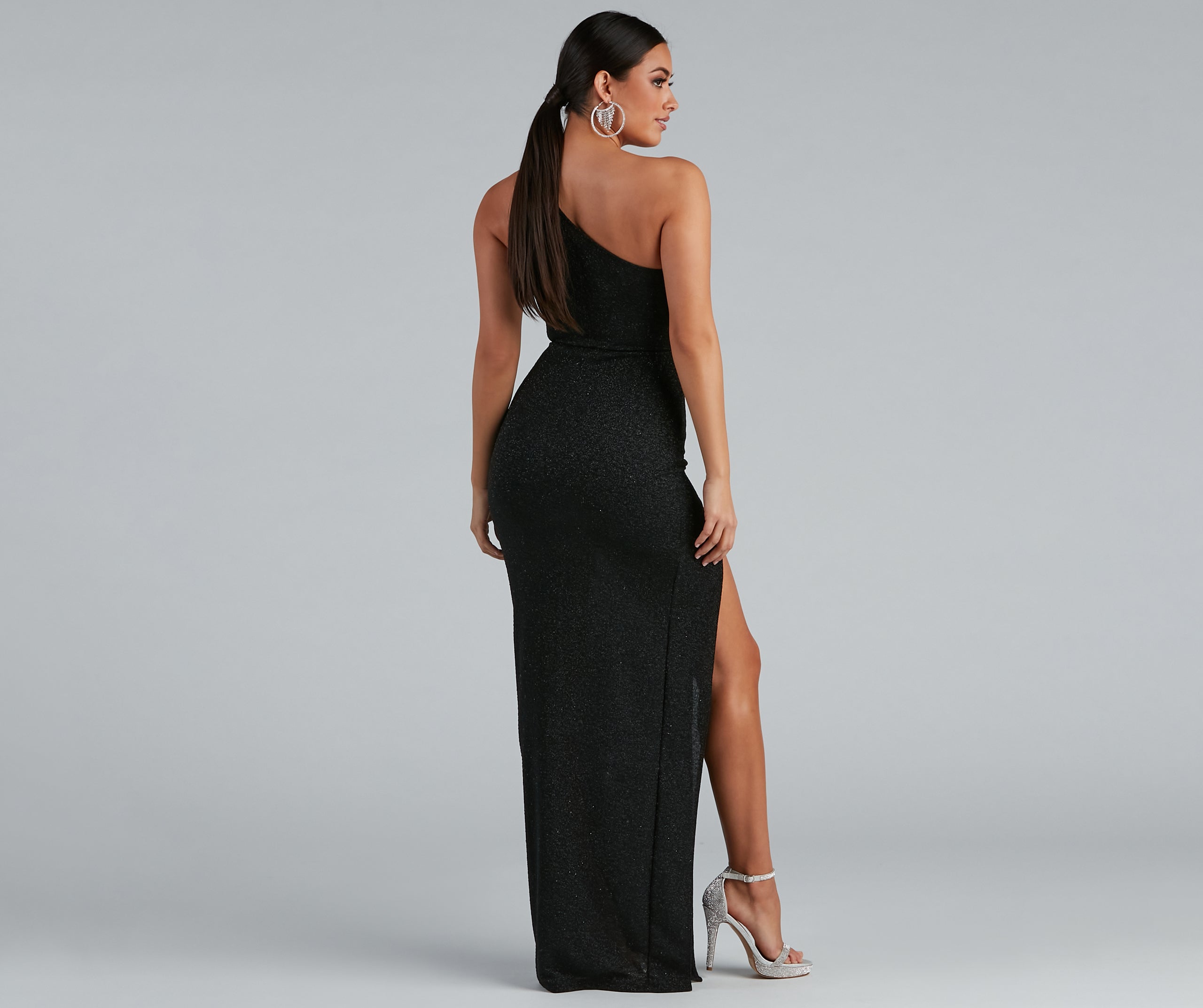 Evette Glitter One-Shoulder Slit Formal Dress