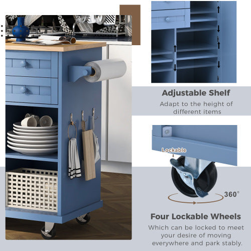 Kitchen Island， Trolley Cart Utility Cabinet on Wheels with Storage， Spice Rack with Drawers and Storage Cabinets， Kitchen Island with Rubber Wooden Countertop， Towel Racks， Adjustable Shelves，Blue