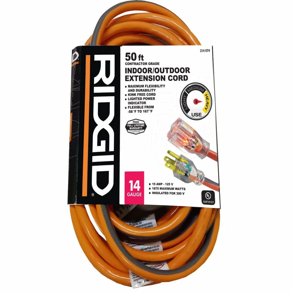 RIDGID 50 ft. 14/3 Extension Cord, Orange and Gray HD#214-074