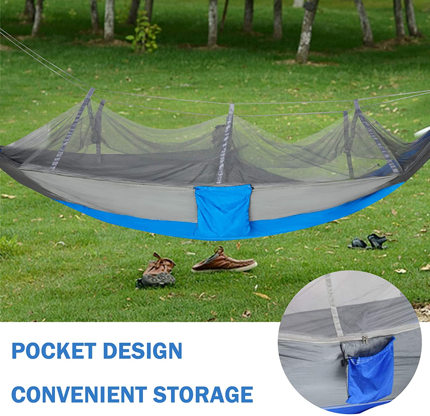 KARMAS PRODUCT Camping Hammock with Mosquito Net, 8.5 ft Single Portable Lightweight Nylon Hammocks with 2 Adjustable Tree Straps for Backpacking, Travel, Beach, Backyard,Hiking (Blue/Gray)