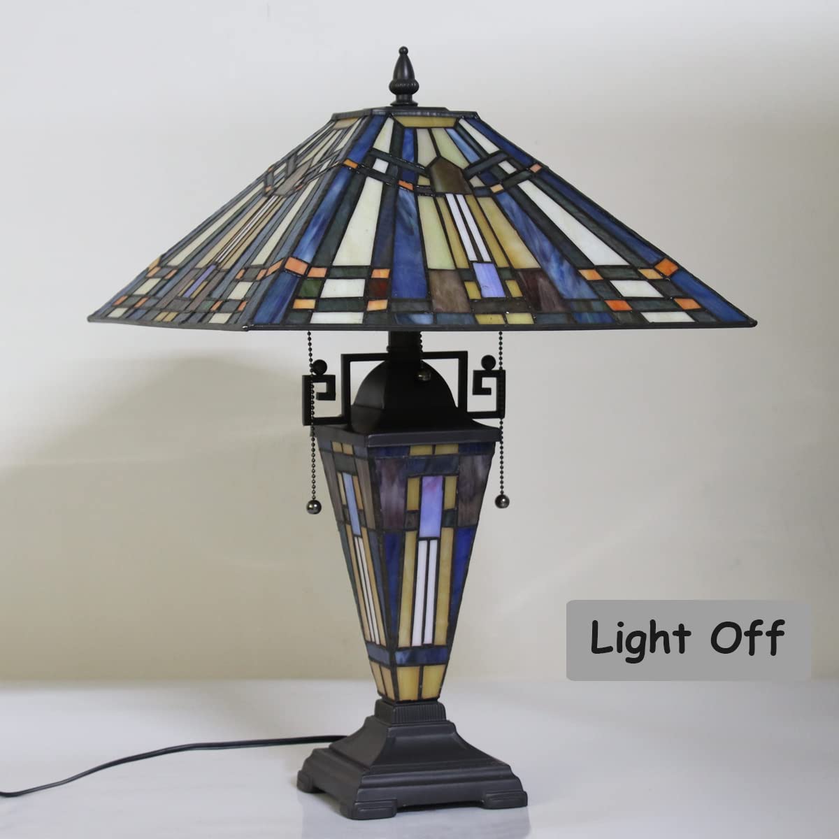 Vinplus  Table Lamp Night Light 16" Wide Handmade Stained Glass Lamp Shade 3 Light Blue Mission Style Vintage Table Lamp