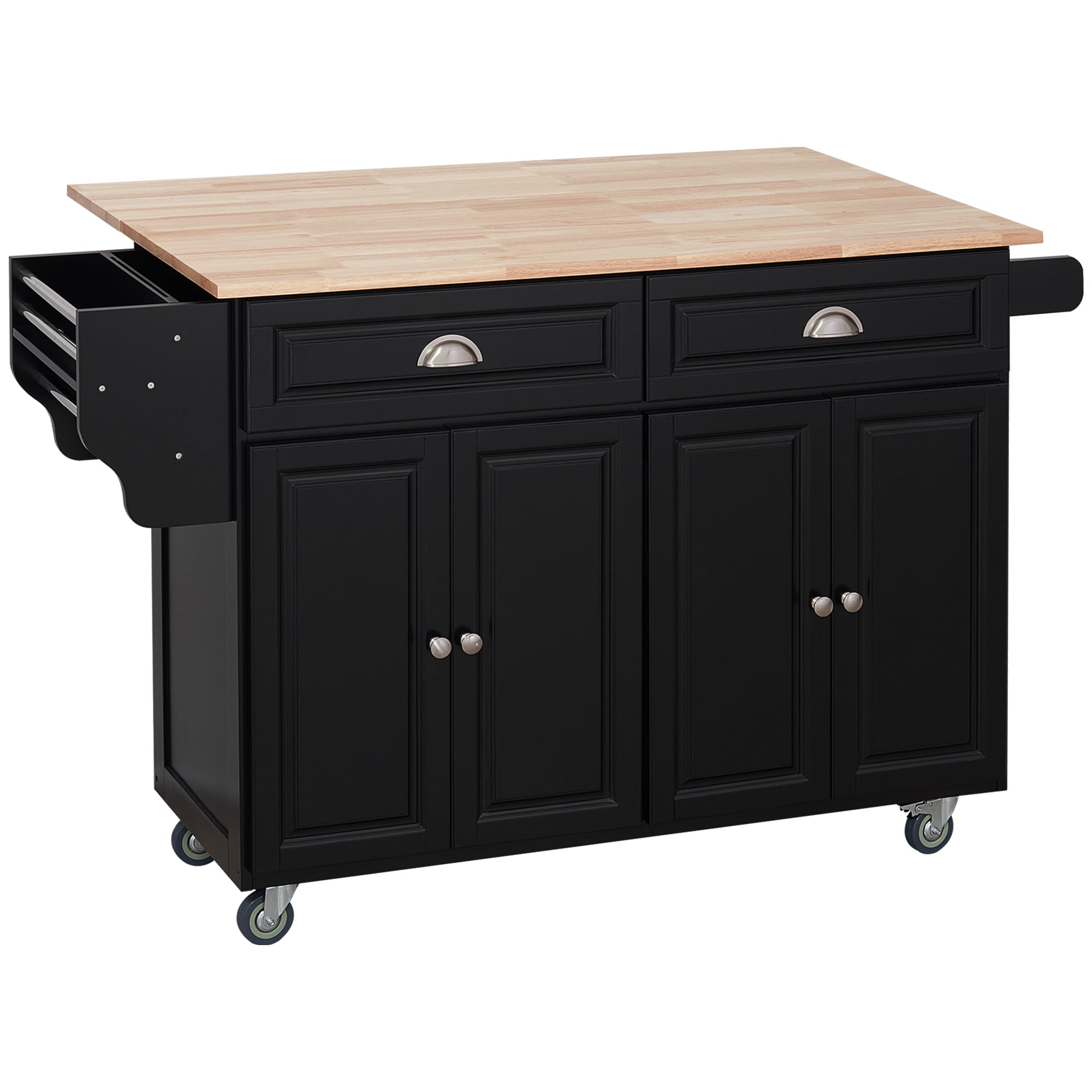 HOMCOM Rolling Kitchen Island on Wheels Utility Cart with Drop-Leaf and Rubber Wood Countertop， Storage Drawers， Door Cabinets， Black