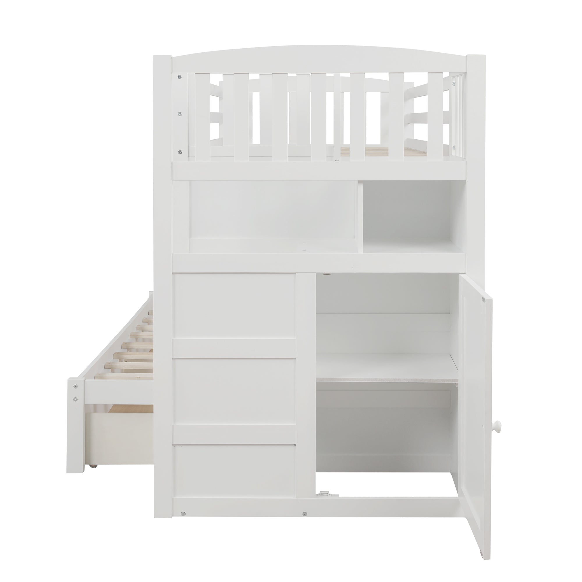 Modern Twin Bunk Bed with Drawer and Cabinet for Kids Bedroom, White