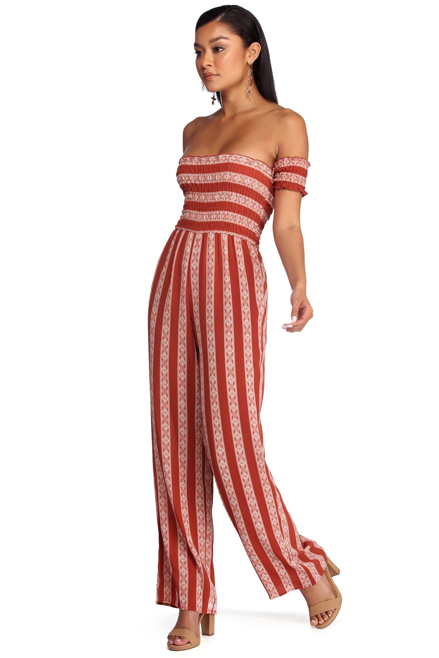 Smocked And Striped Jumpsuit
