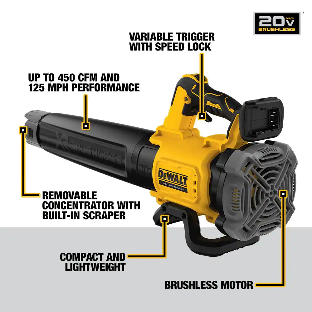 DEWALT 20V MAX 125 MPH 450 CFM Cordless Brushless Handheld Blower with 20V Compact Lithium-Ion 4Ah Battery and 12V to 20V Charger