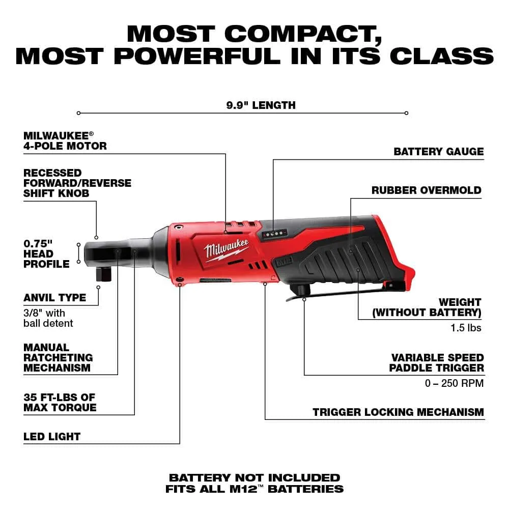 Milwaukee M12 12V Lithium-Ion Cordless 3/8 in. Ratchet (Tool-Only) 2457-20