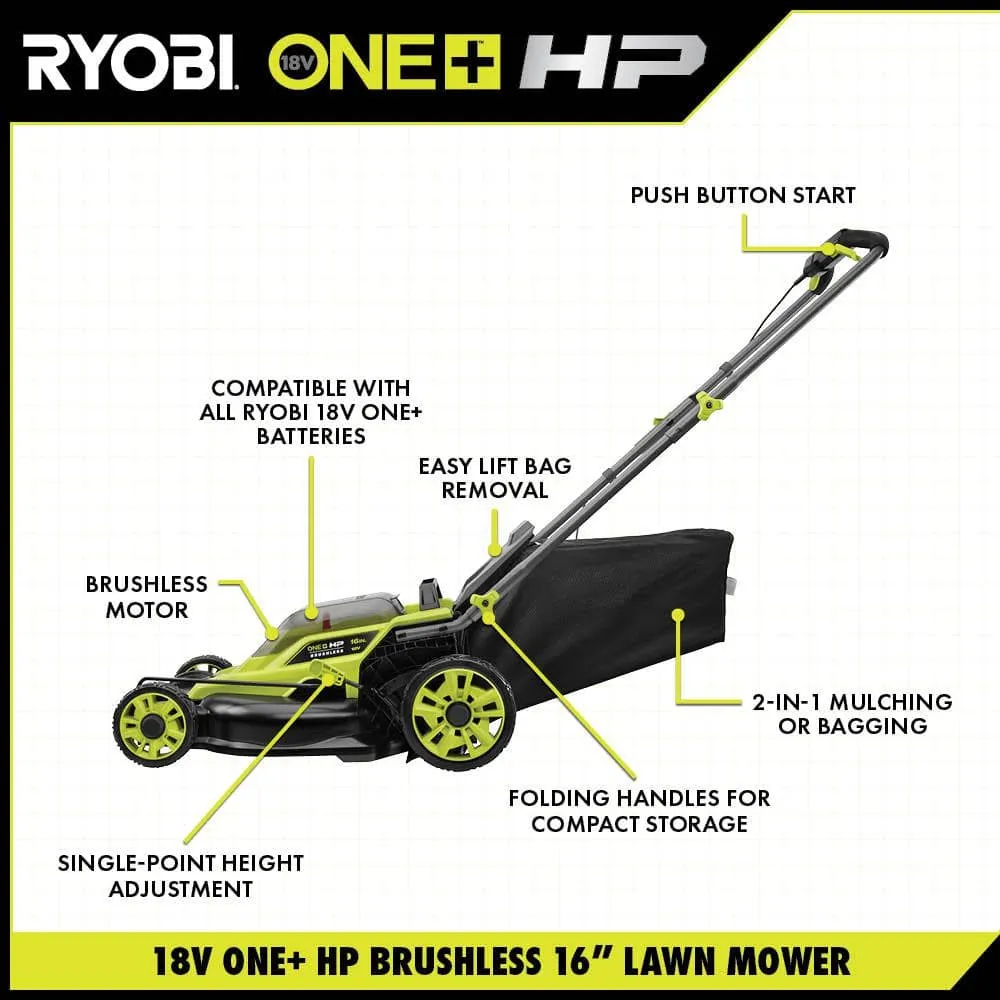 RYOBI ONE+ HP 18V Brushless 16 in. Cordless Battery Walk Behind Push Lawn Mower with (2) 4.0 Ah Batteries and (1) Charger P1190