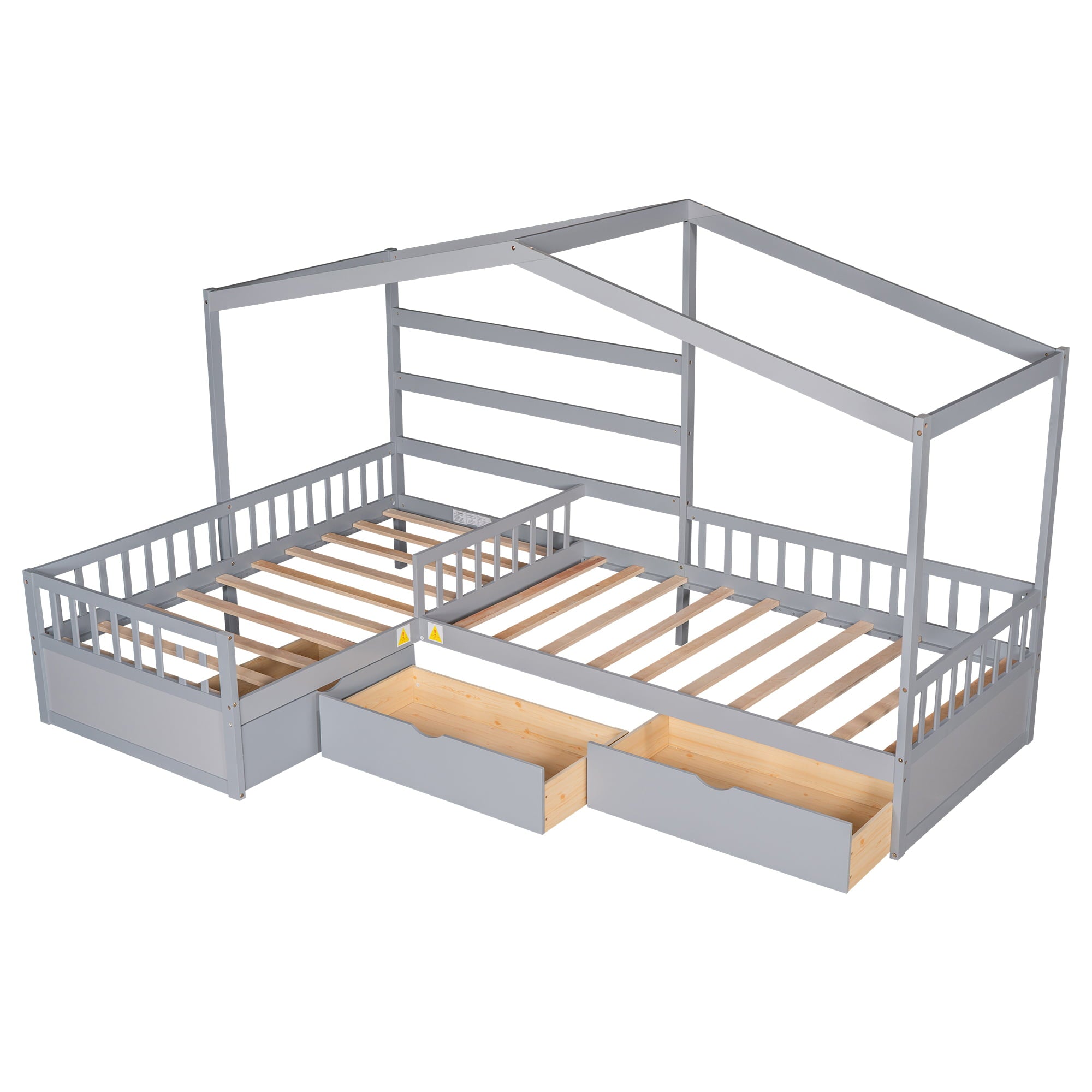 Wood Twin Size Double House Bed with Three Drawers for Kids, Gray