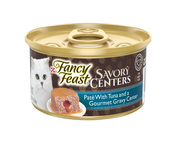 Purina Fancy Feast Pate Wet Cat Food， Savory Centers Pate With a Gravy Center Tuna - 3 oz. Pull-Top Can