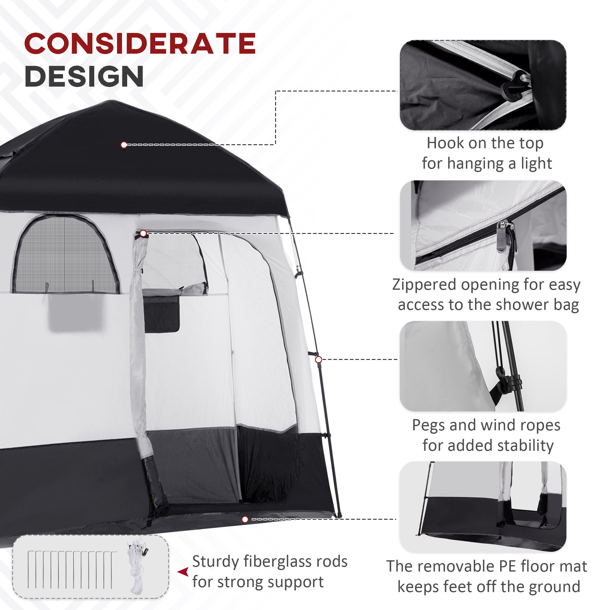 Outsunny Shower Tent, Pop Up Privacy Shelter for Camping, Dressing Changing Room, Portable Instant Outdoor Shower Tent Enclosure w/ 2 Rooms, Shower Bag, Floor and Carrying Bag, Black