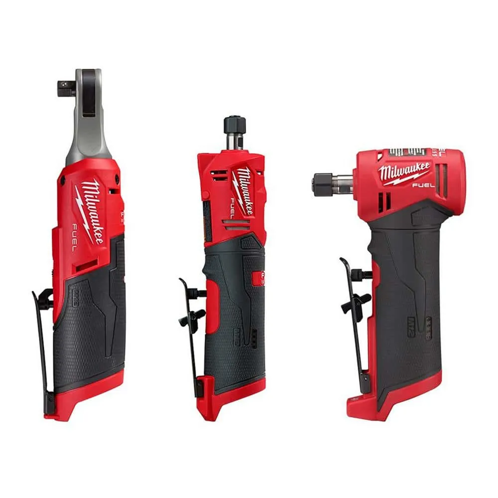 Milwaukee M12 FUEL 12V Lithium-Ion High Speed 3/8 in. Ratchet w/ (1) 1/4 in. Right Angle and (1) 1/4 in. Straight Die Grinder 2567-20-2485-20-2486-20