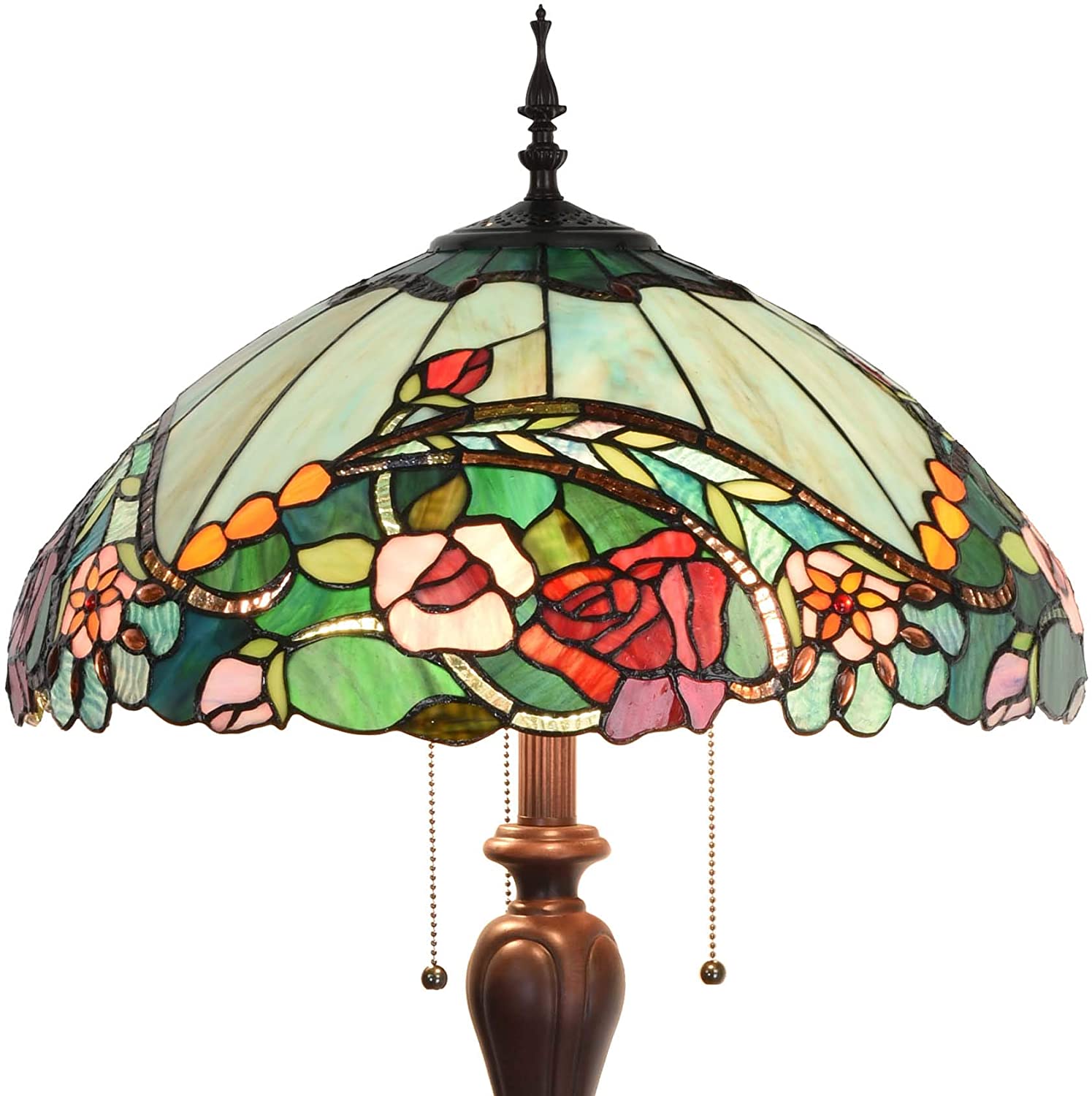 Bieye L10740 Rose Flower  Style Stained Glass Floor Lamp with 18-inch Wide Shade for Reading Working Bedroom, 3 Lights, 65 inch Tall